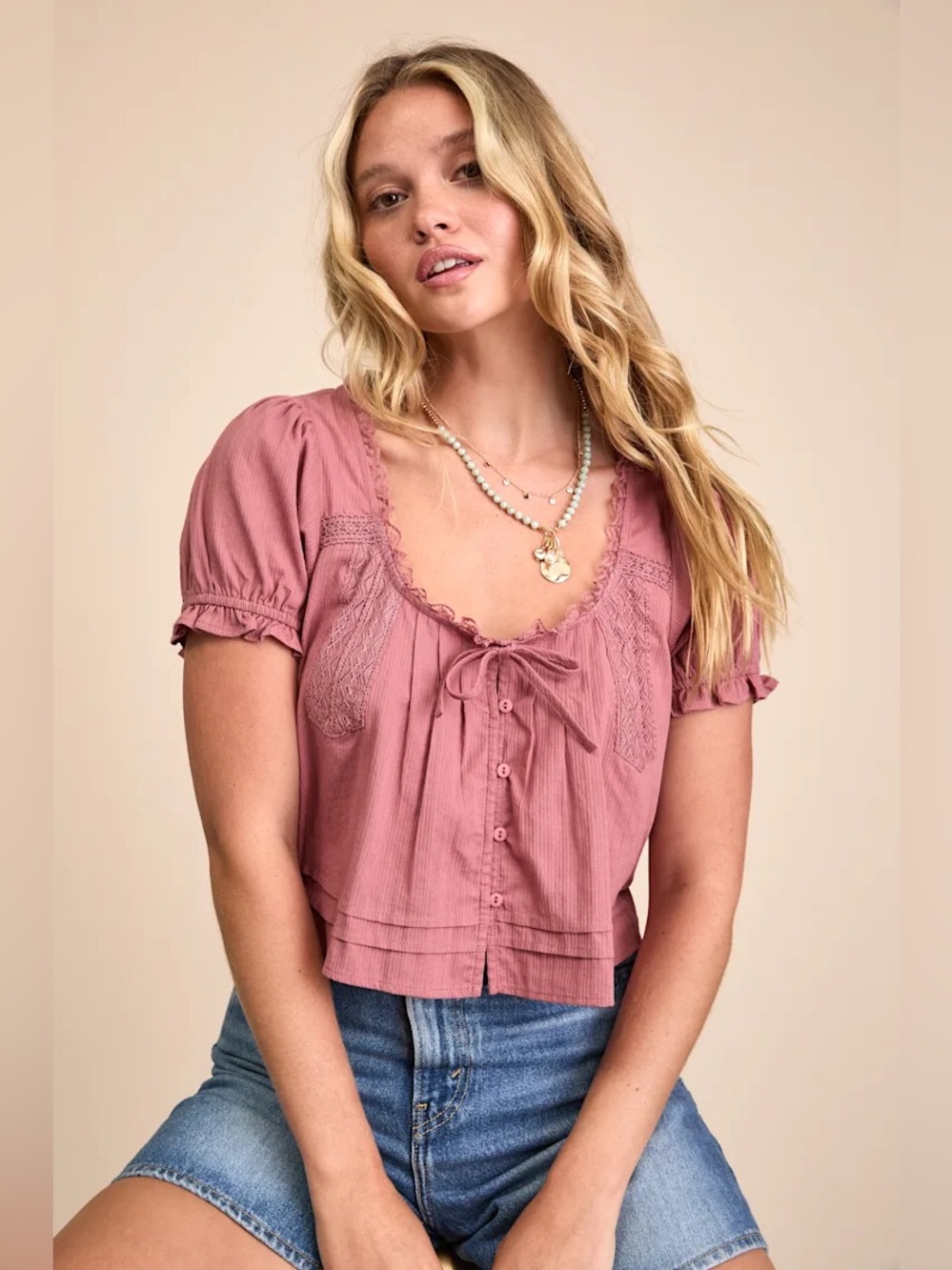Lulus Kinsie Dusty Rose Puff Sleeve Button-Front Top Size M NWT
